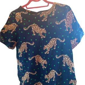 Maeve by Anthropologie Navy Green Polka Dot Leopard Print Short Sleeve Top S